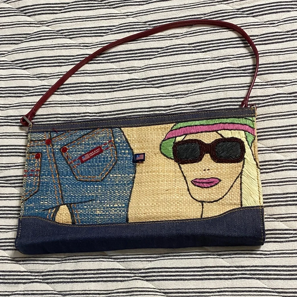 Ralph Lauren Straw & Denim Embroidered Wristlet with Pink and Green Accents - Picture 1 of 6
